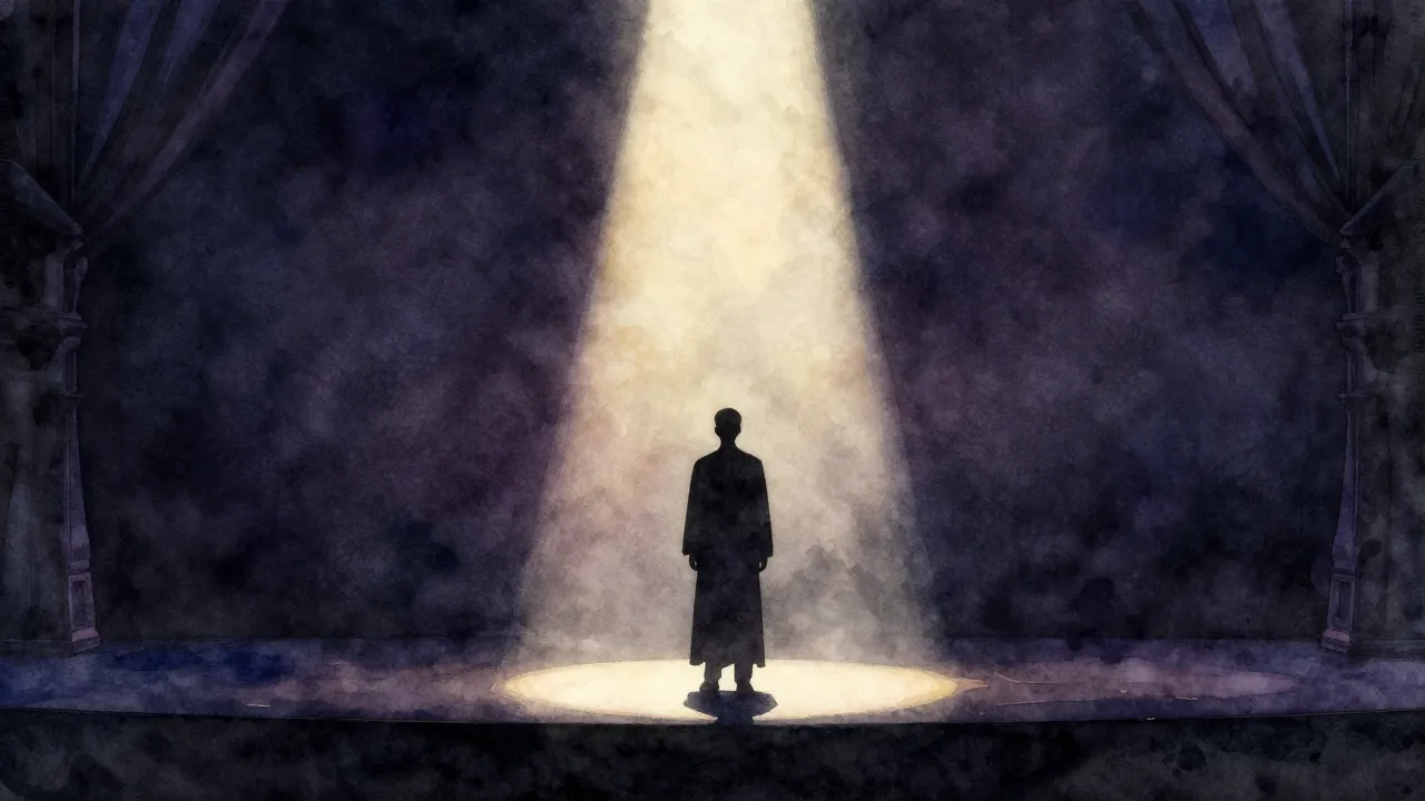 Vibrant watercolor style. A dramatic operatic stage setting,...