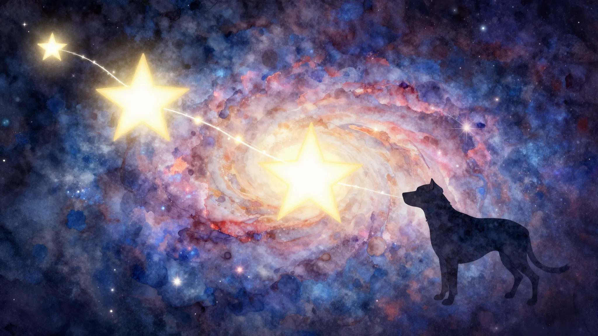 Watercolor style. A glowing galaxy with two bright stars con...