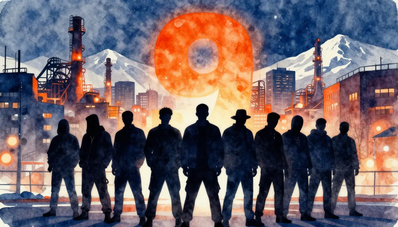 Vibrant watercolor style. Modern rap album cover, 9 dark sil...