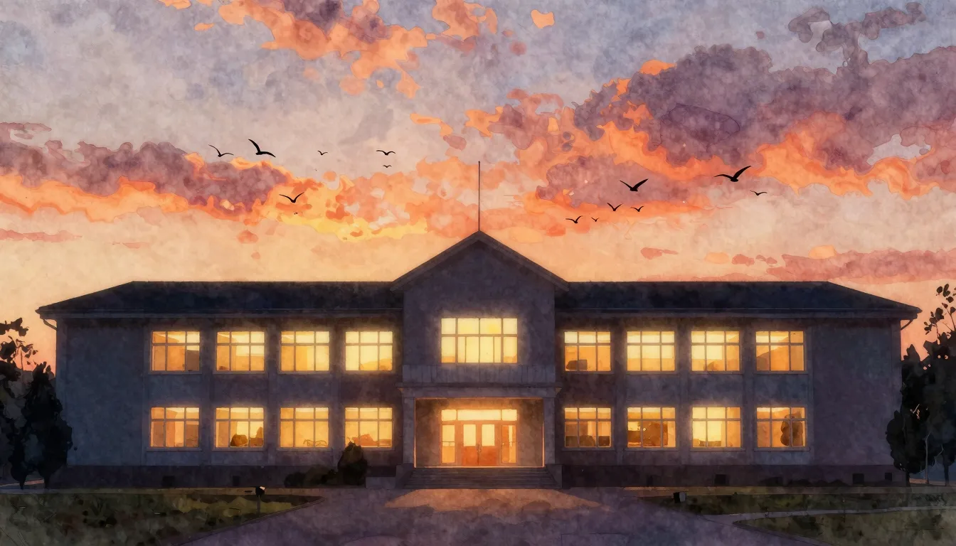 Watercolor style. Silhouette of a school building at sunset,...