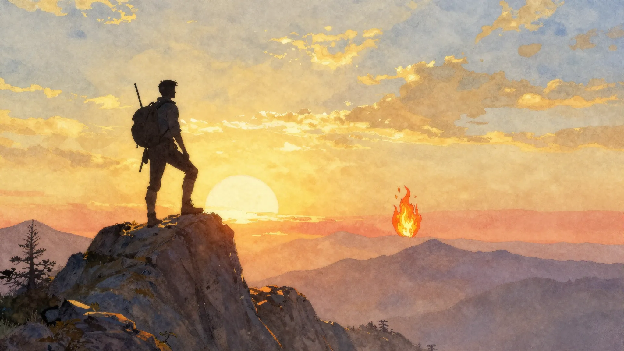 Vibrant watercolor style. A silhouette of a brave explorer s...