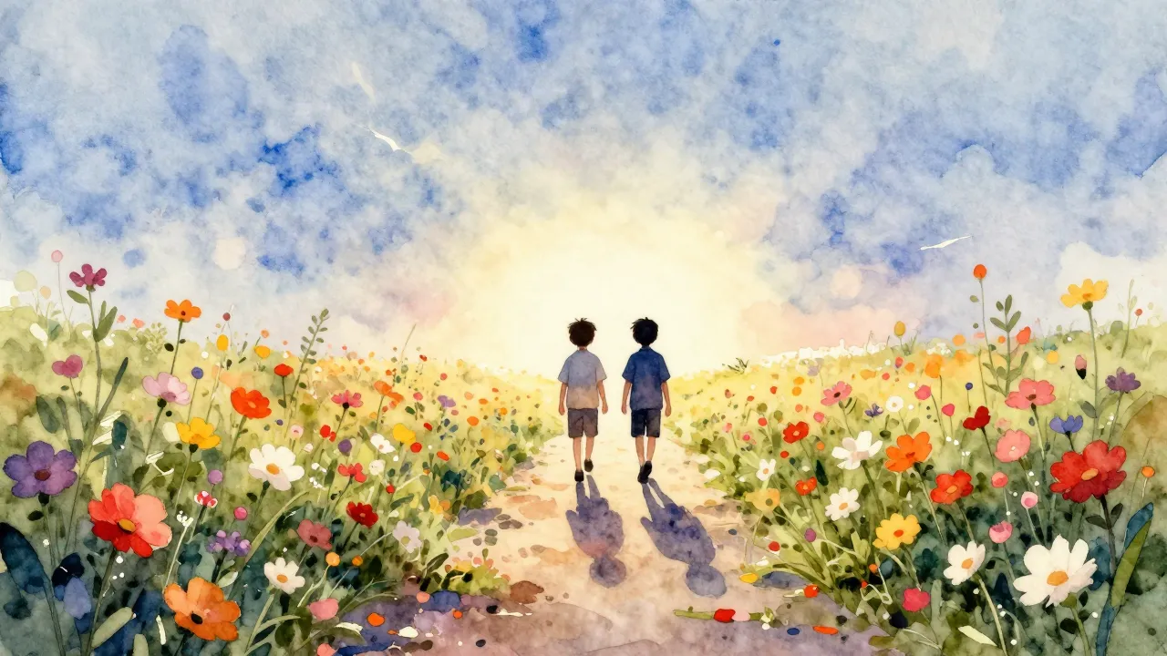 Watercolor style. A path of bright flowers leading into a gl...