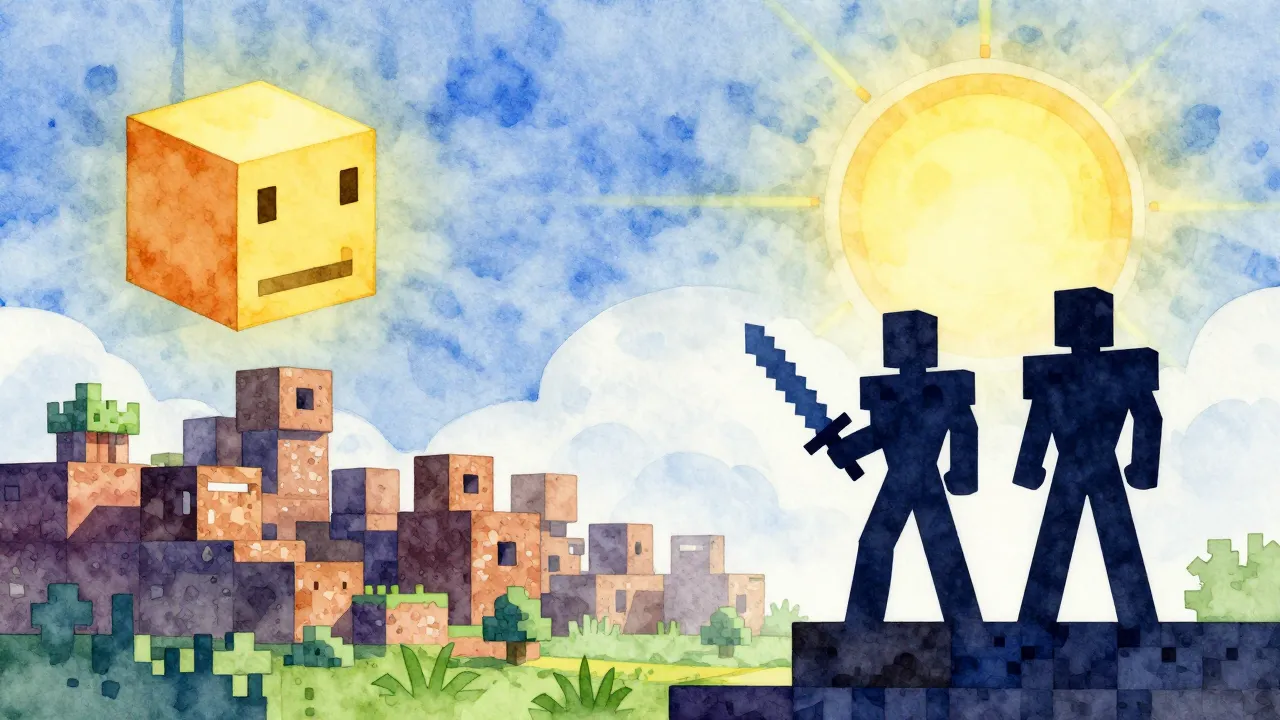 Watercolor style. A blocky landscape with a cubic sun, silho...