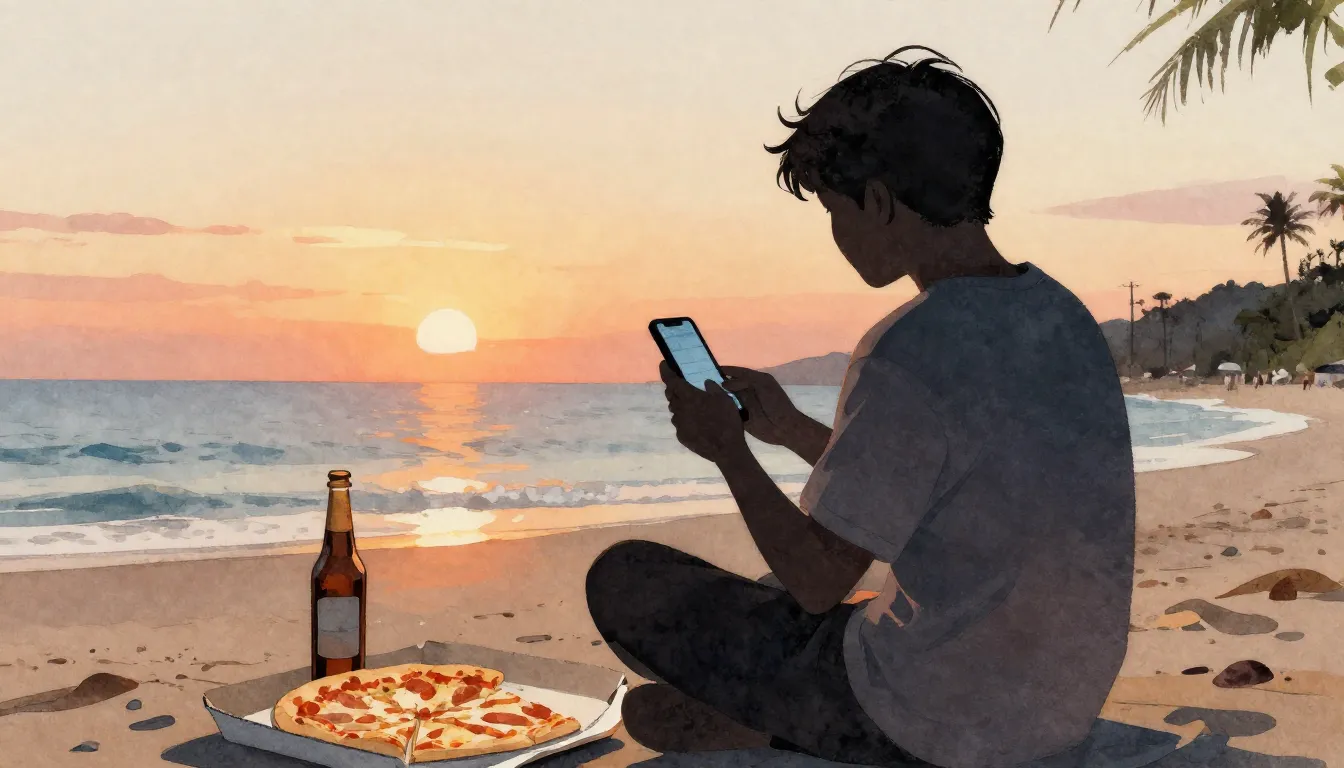 Watercolor style. A silhouette of a person looking at a smar...