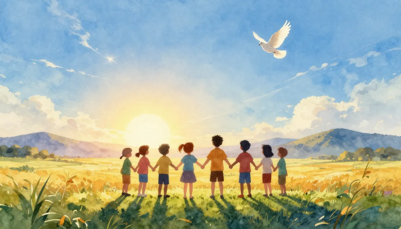 Vibrant watercolor style. A group of diverse children silhou...