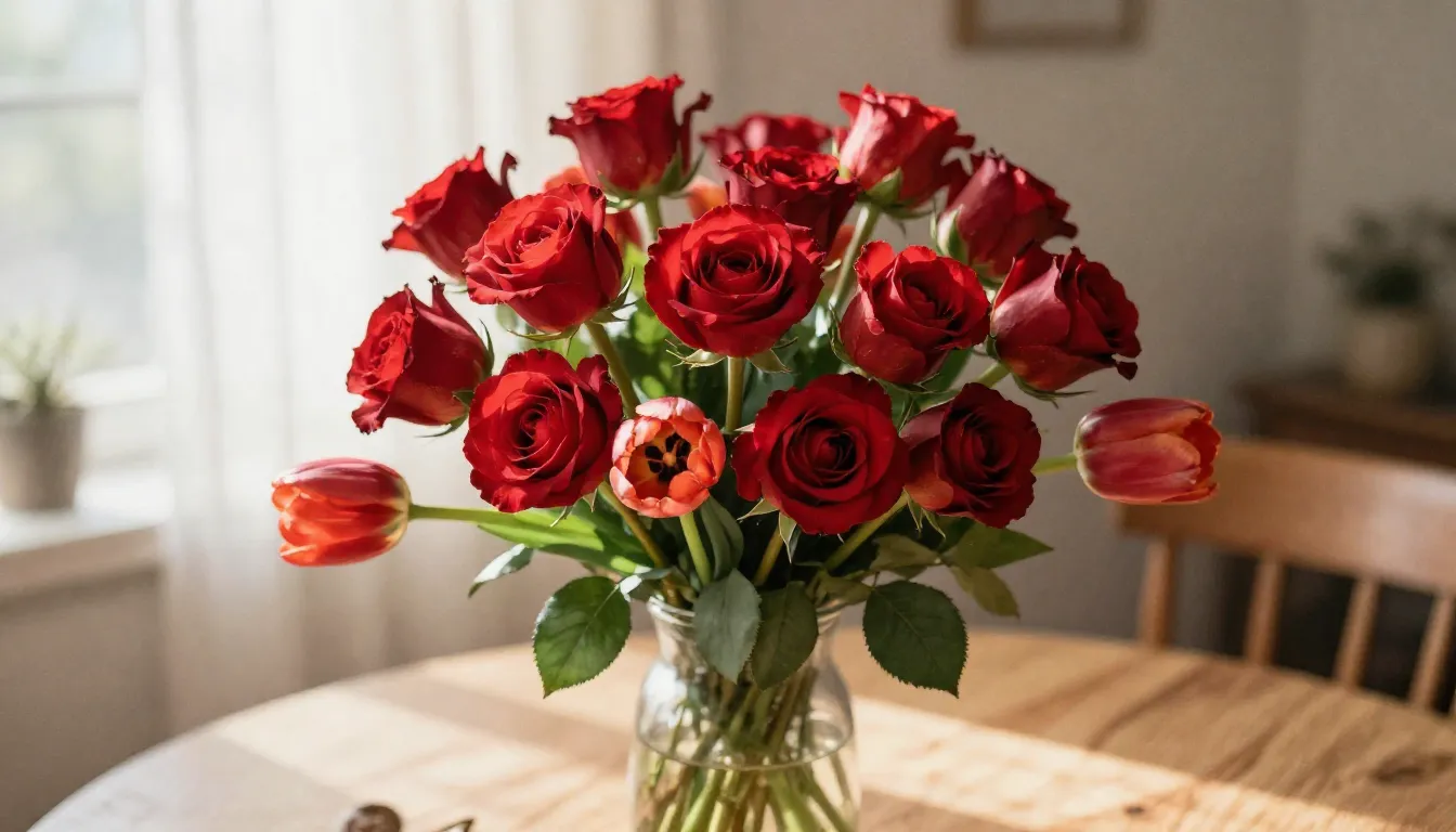 Watercolor style. A beautiful bouquet of red roses and tulip...