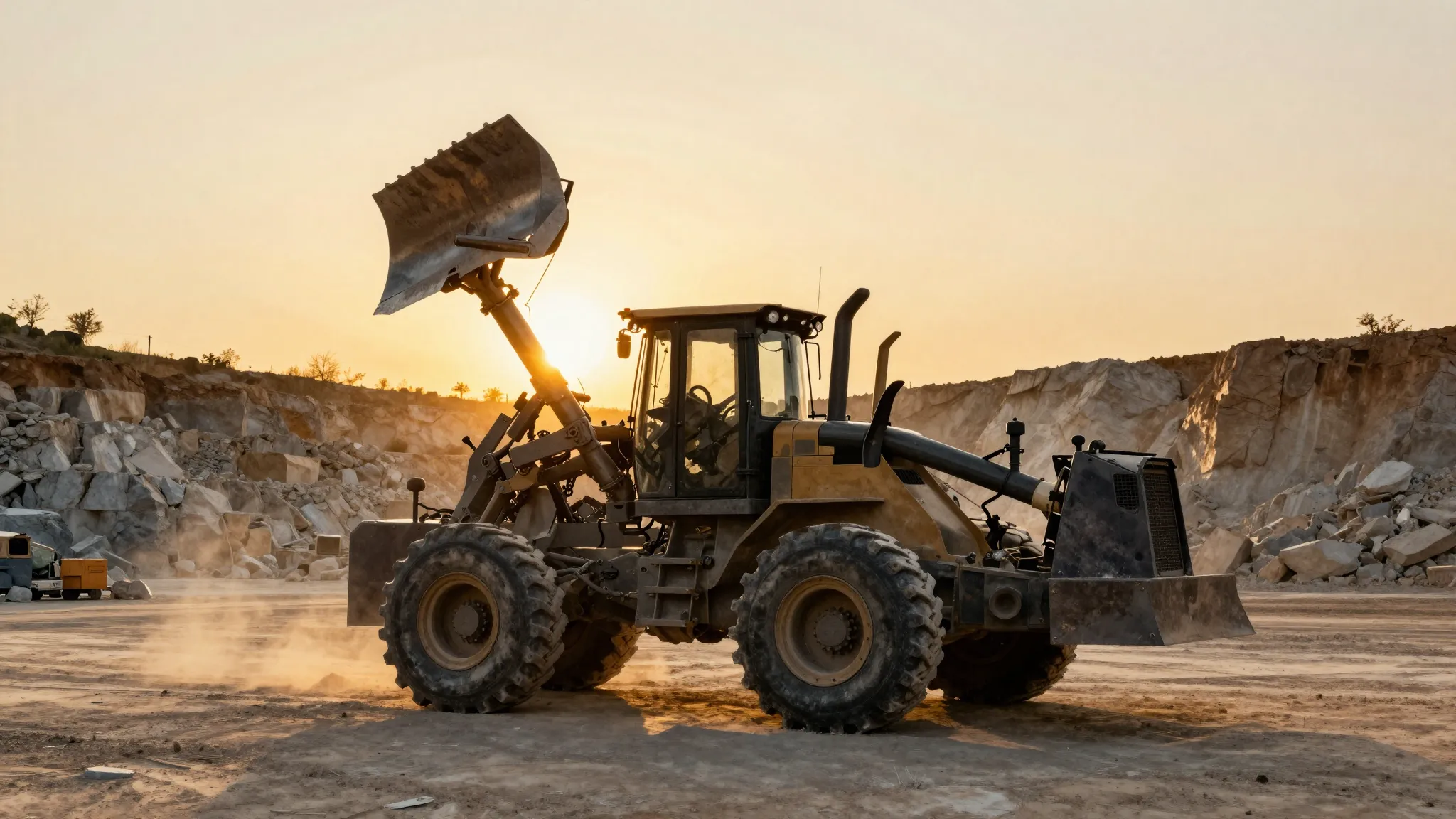 Watercolor style. Silhouette of a large grader machine in a ...