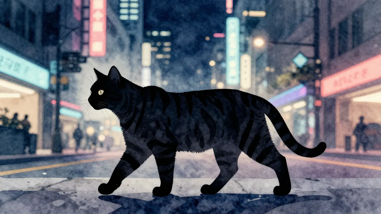 Watercolor style. A silhouette of a graceful cat-like creatu...