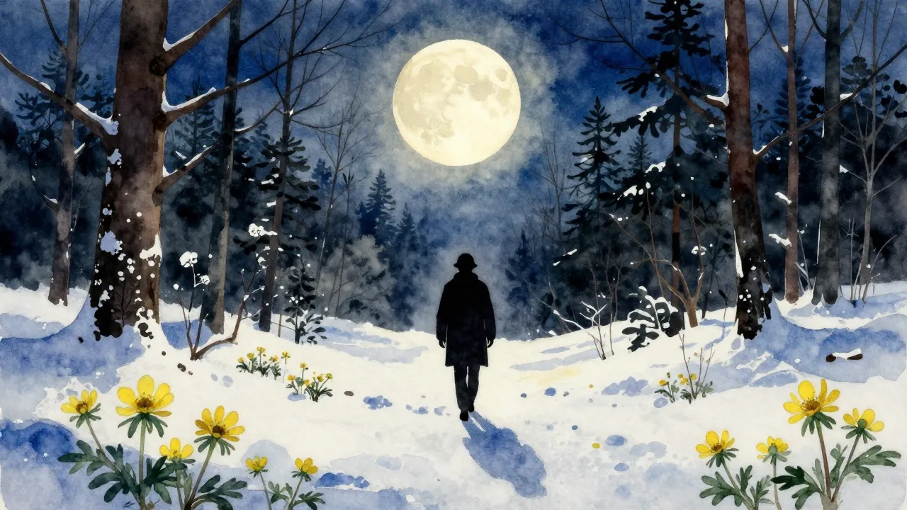 Vibrant watercolor style. A lonely silhouette walking throug...