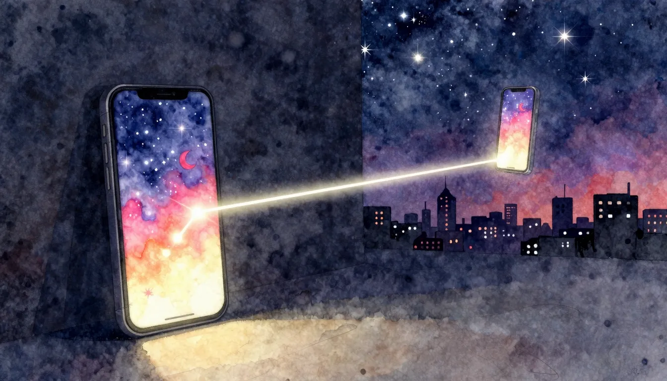 Watercolor style. A glowing smartphone screen in a dark room...