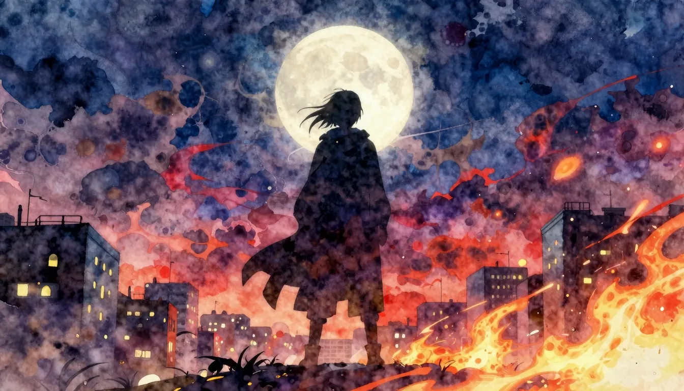 Vibrant watercolor style. Anime style album cover, a mysteri...