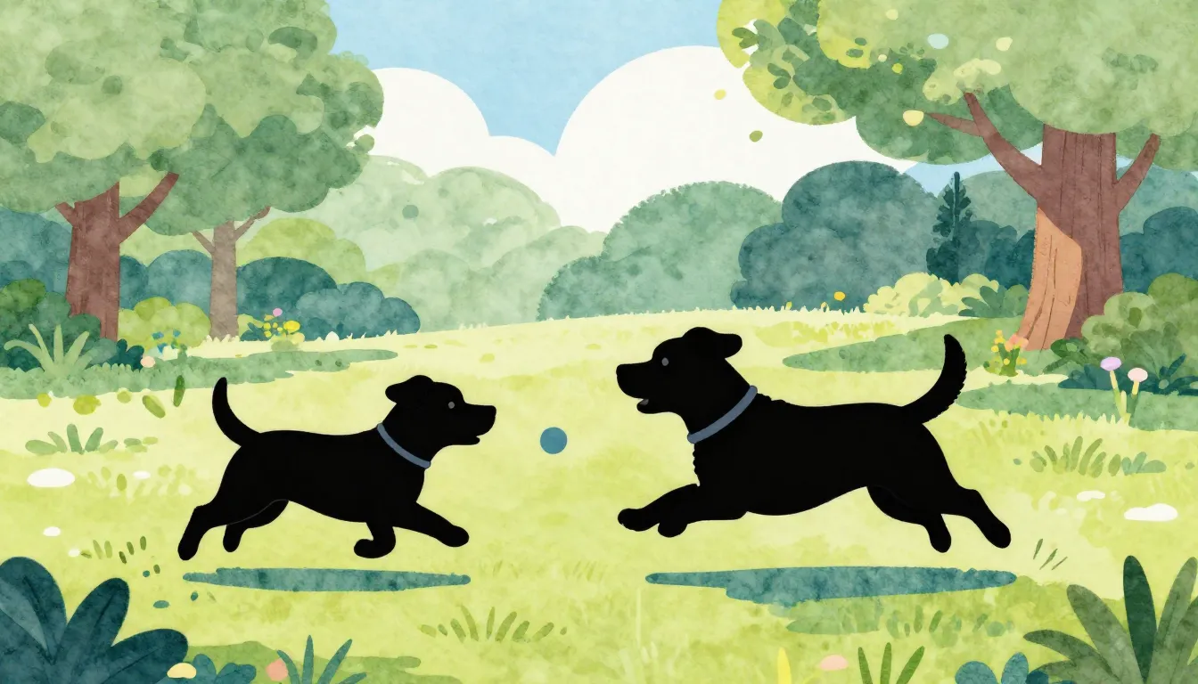 Watercolor style. A silhouette of a small dog chasing a boun...