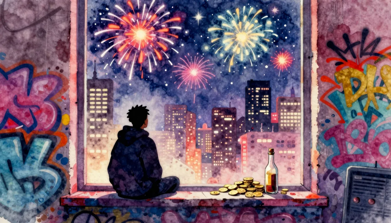 Vibrant watercolor style. Hip-hop album cover, a lonely silh...