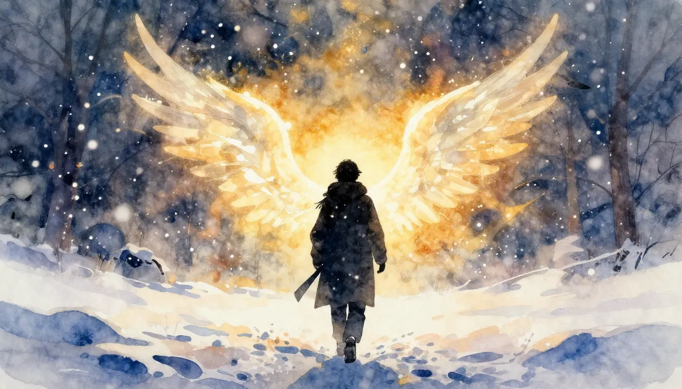 Vibrant watercolor style. A lonely silhouette walking throug...