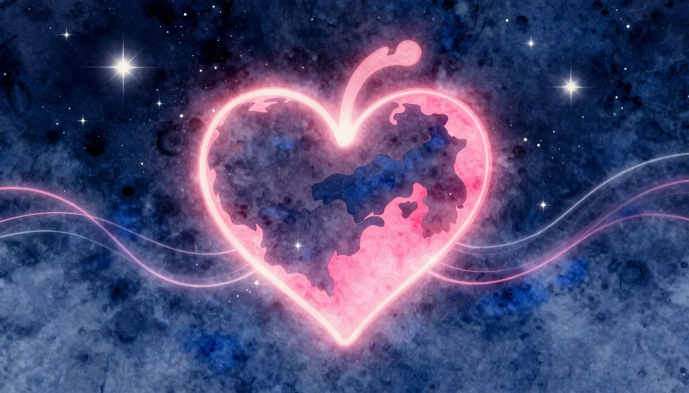 Watercolor style. A glowing heart silhouette against a starr...