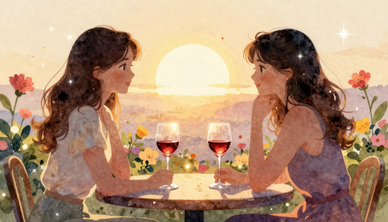 Vibrant watercolor style. Warm aesthetic cover, two female s...