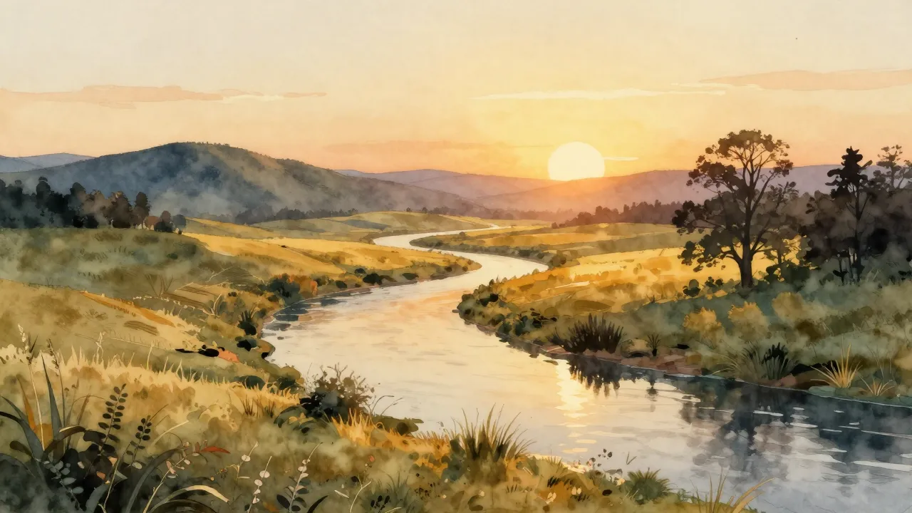 Watercolor style. A serene landscape with a winding river, a...