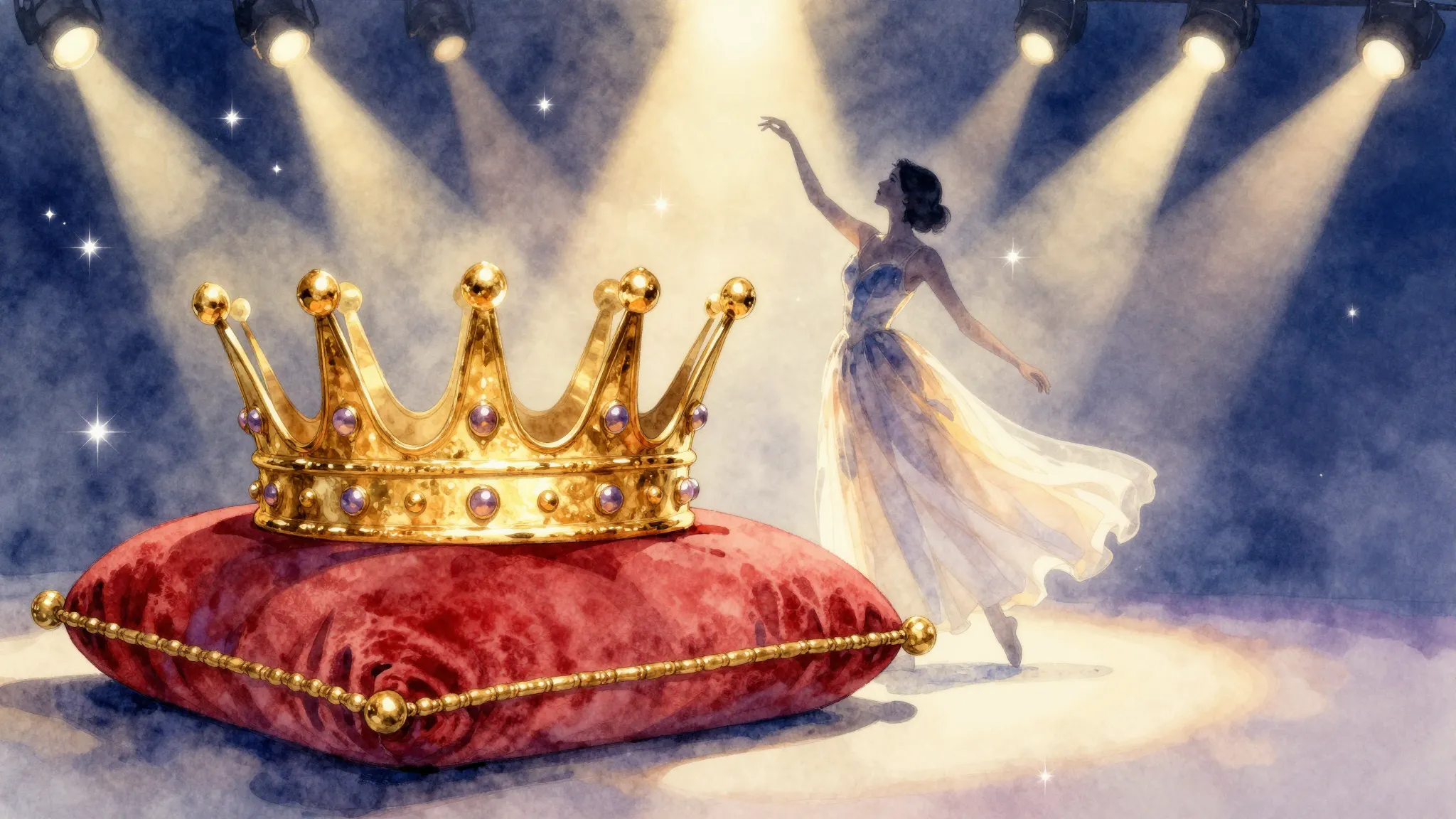 Vibrant watercolor style. Elegant golden crown on a velvet c...