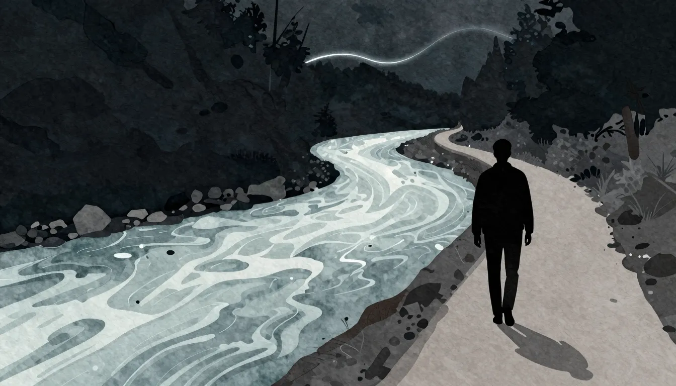 Watercolor style. A lone silhouette walking on a winding pat...