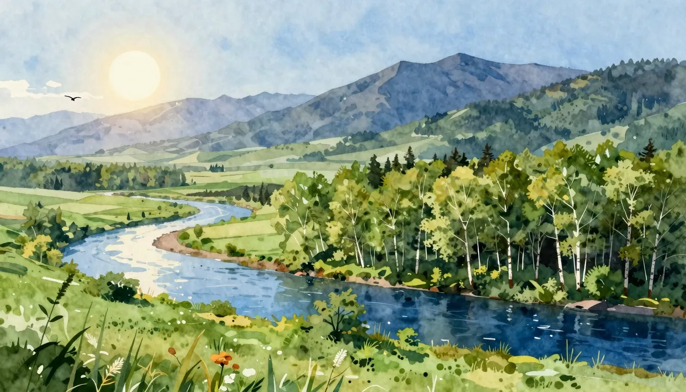 Watercolor style. Beautiful vast landscape, green fields, de...