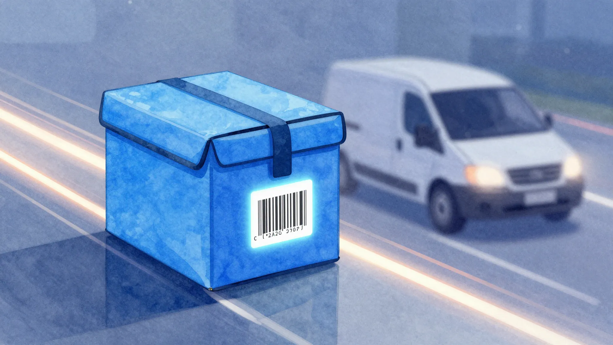 Watercolor style. A bright blue delivery box with a glowing ...