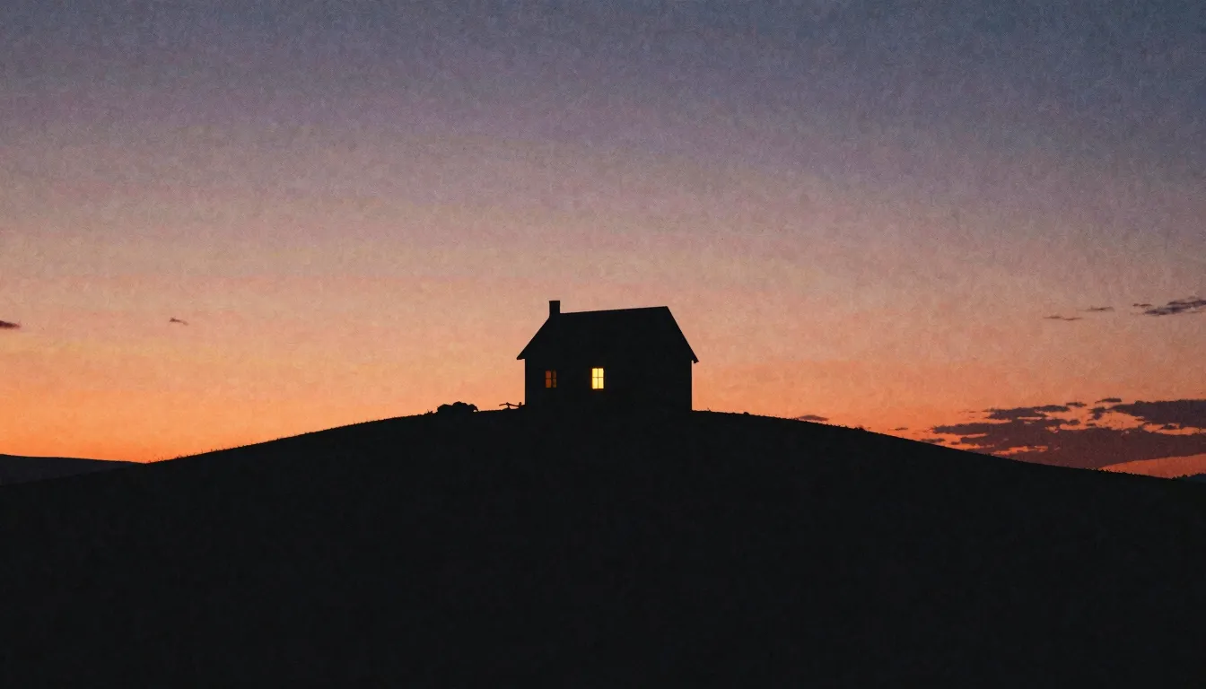 Watercolor style. Silhouette of a lonely house on a hill at ...