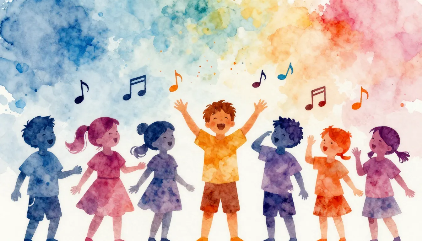 Vibrant watercolor style. A group of diverse children's silh...