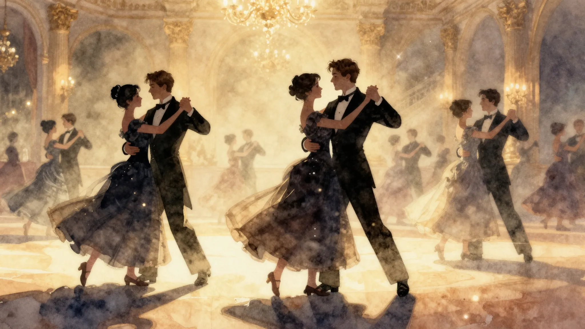 Watercolor style. Silhouettes of young couples dancing a wal...