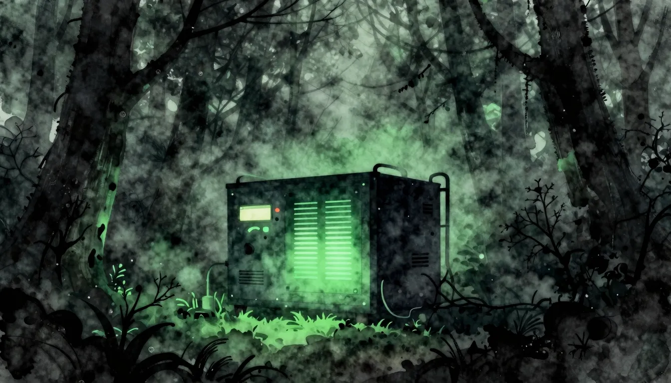 Watercolor style. Dark foggy forest silhouette, glowing gene...