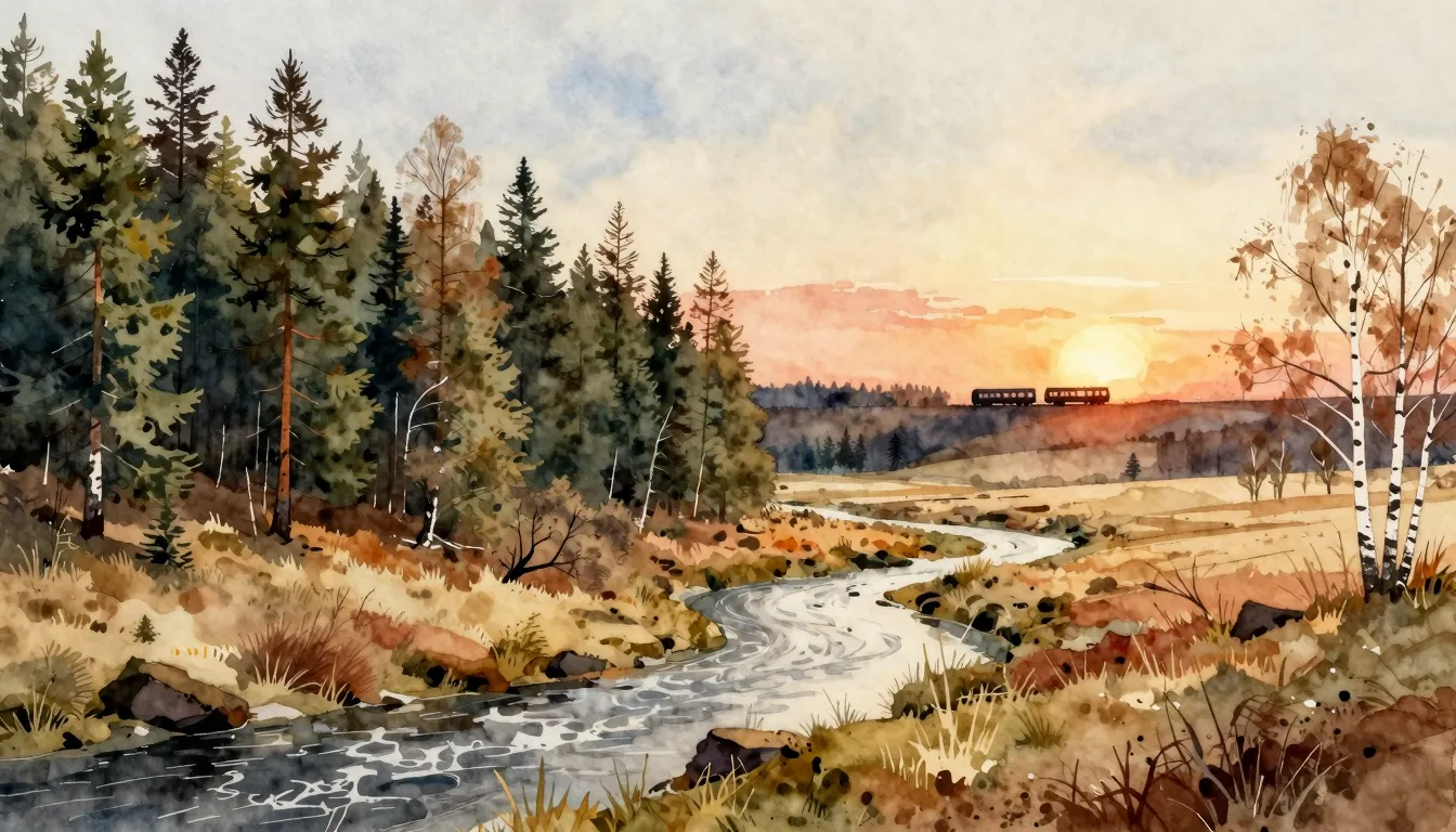 Watercolor style. A beautiful landscape with a pine forest o...
