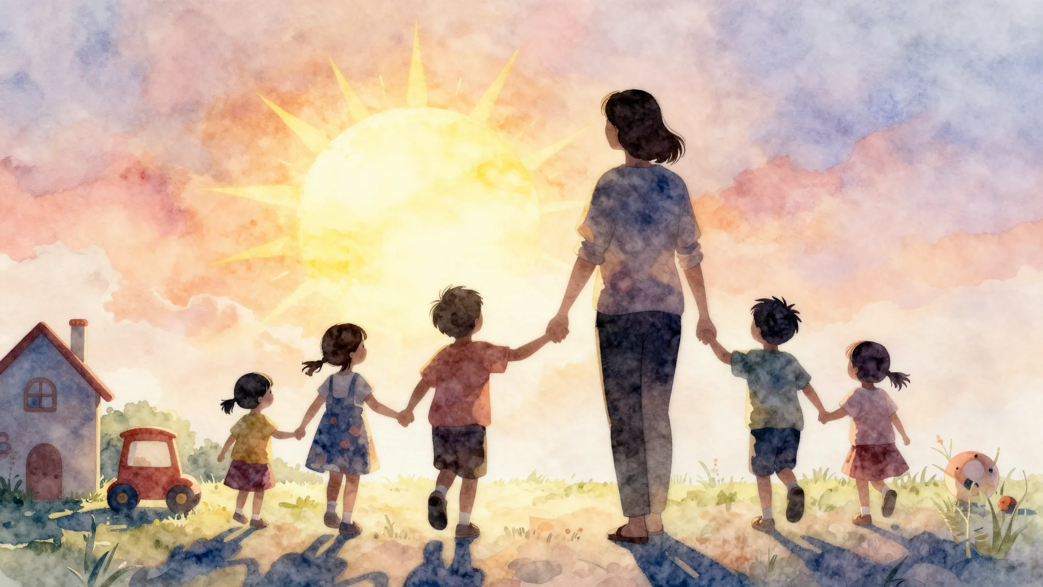 Watercolor style. Silhouette of a teacher holding hands with...