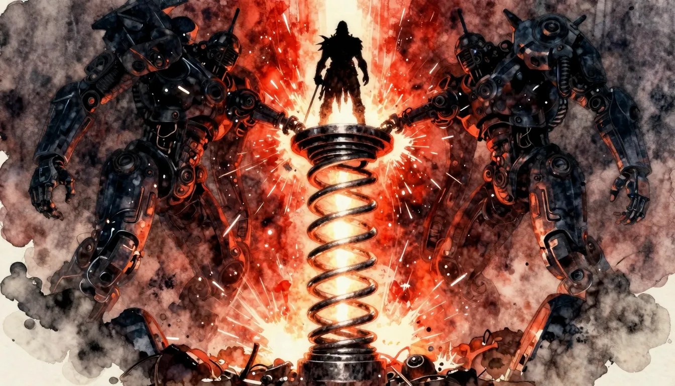 Vibrant watercolor style. Heavy metal album cover, a massive...