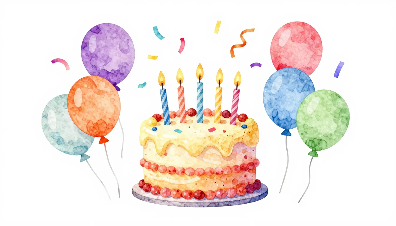 Watercolor style. A bright colorful birthday cake with 6 can...