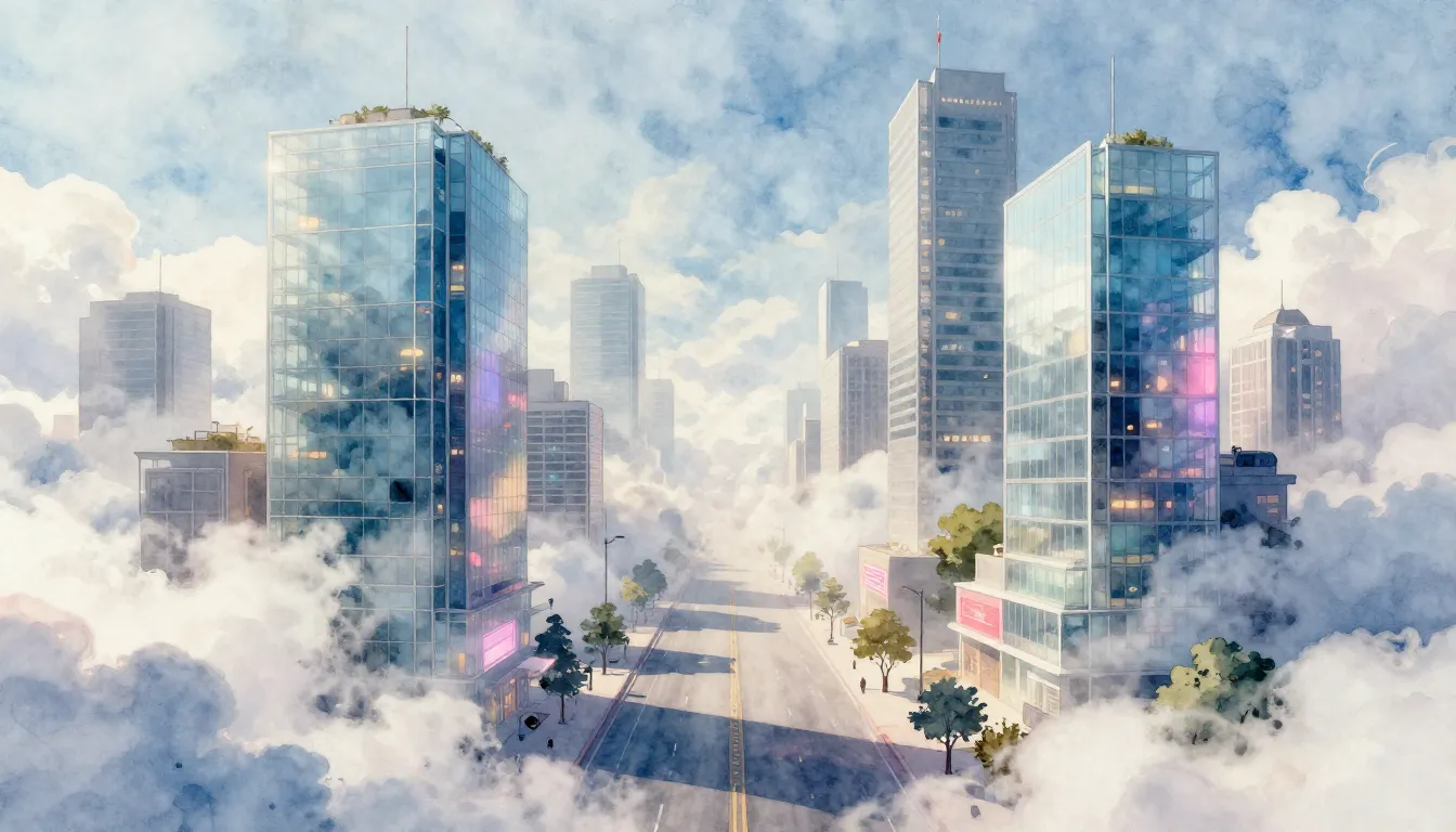 Watercolor style. Surreal cityscape floating in clouds, tran...
