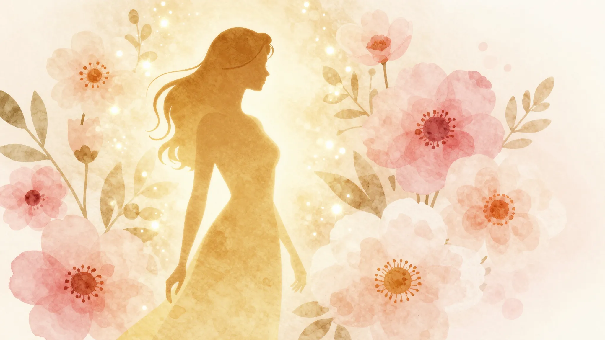 Watercolor style. A warm glowing silhouette of a woman surro...