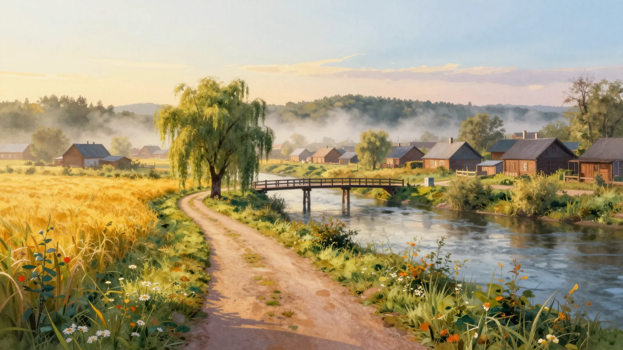 Vibrant watercolor style. A scenic landscape of a peaceful R...