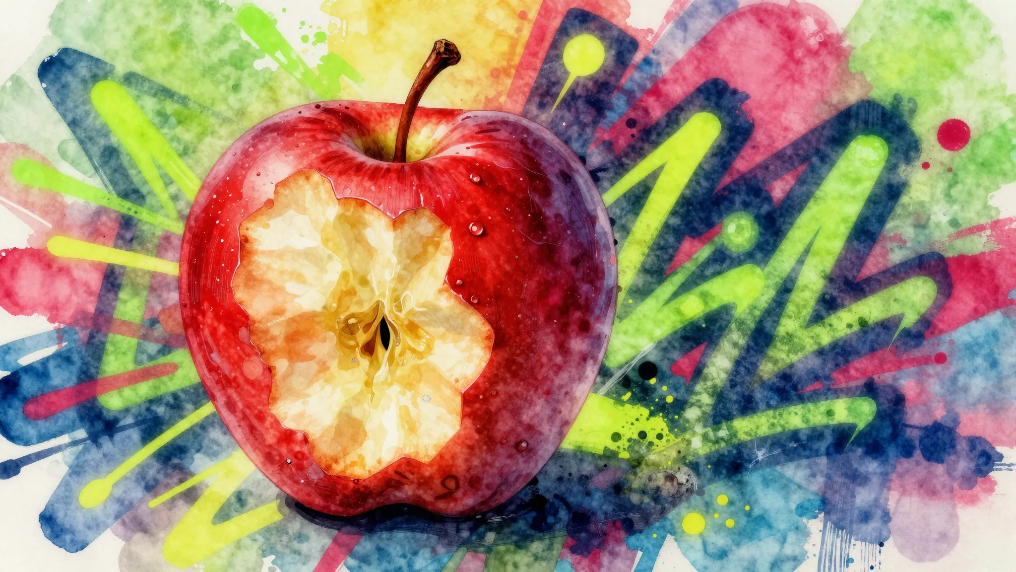 Vibrant watercolor style. Punk rock album cover, a bitten re...