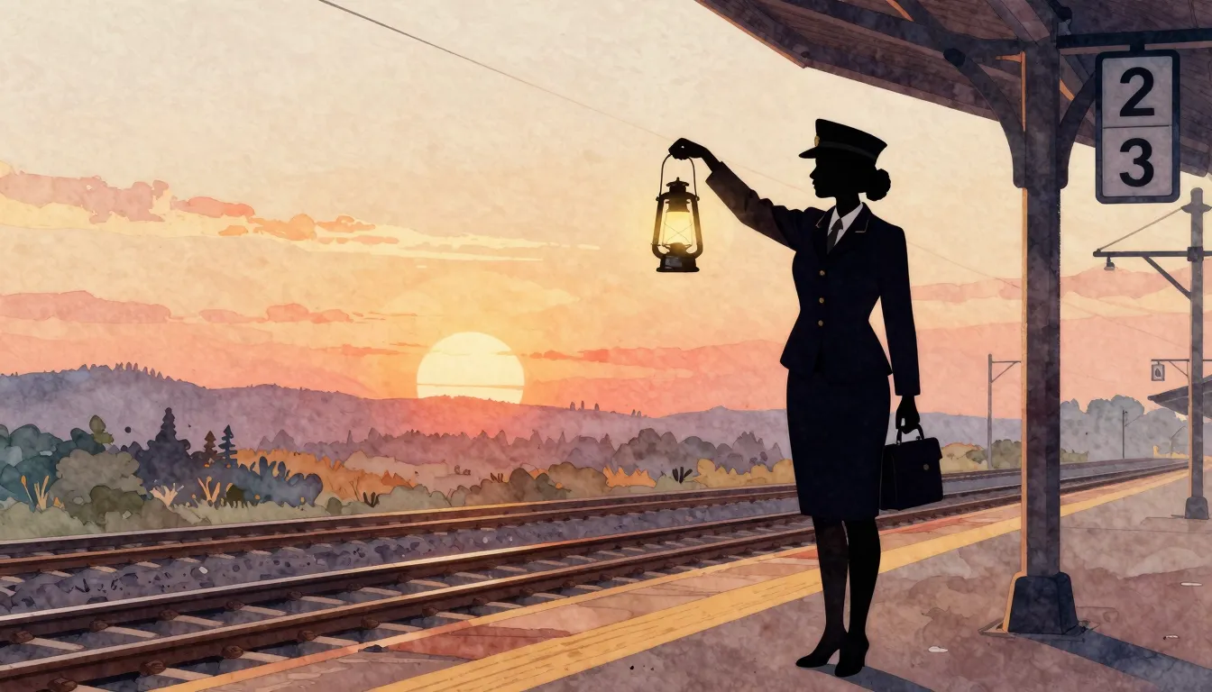 Watercolor style. Silhouette of a female train station maste...