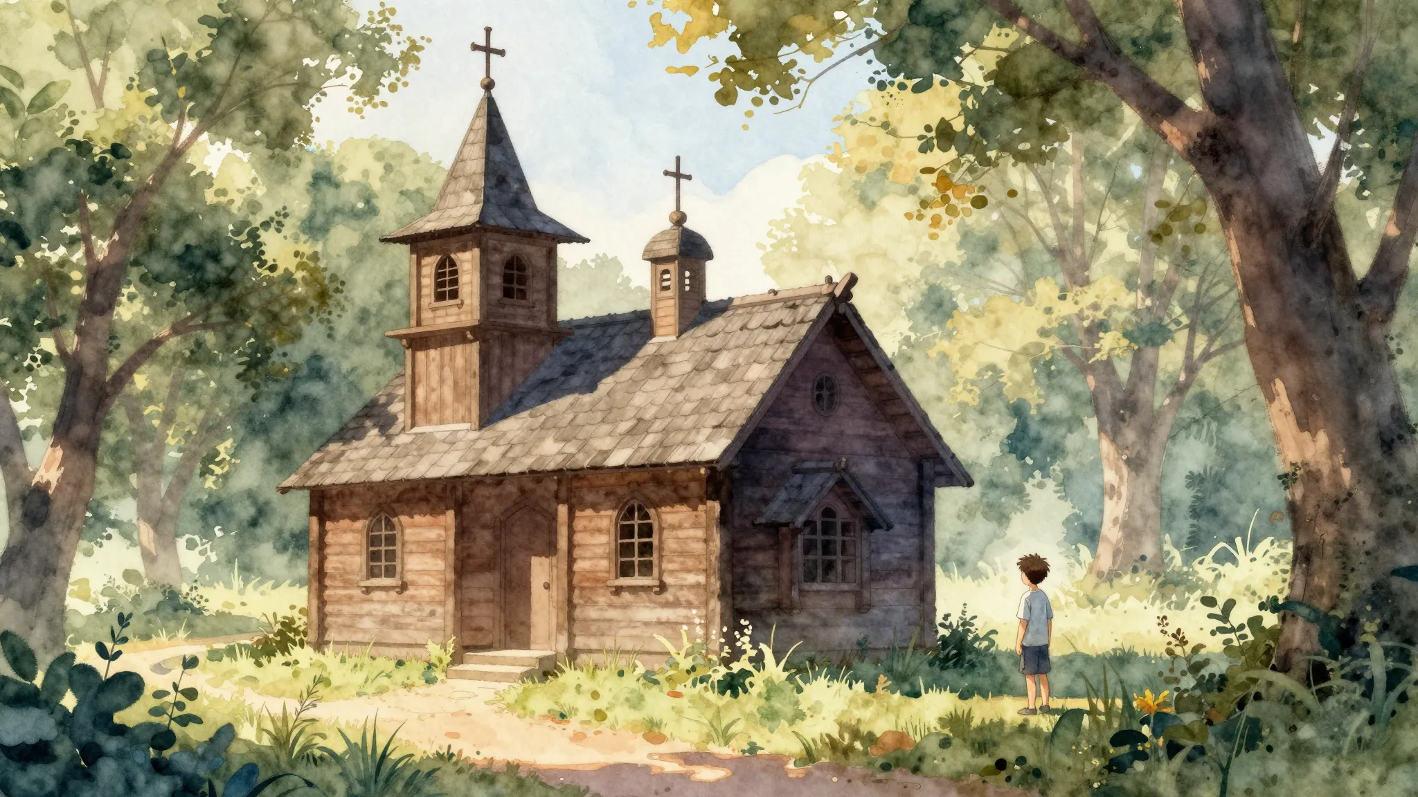 Watercolor style. A silhouette of a small boy standing near ...