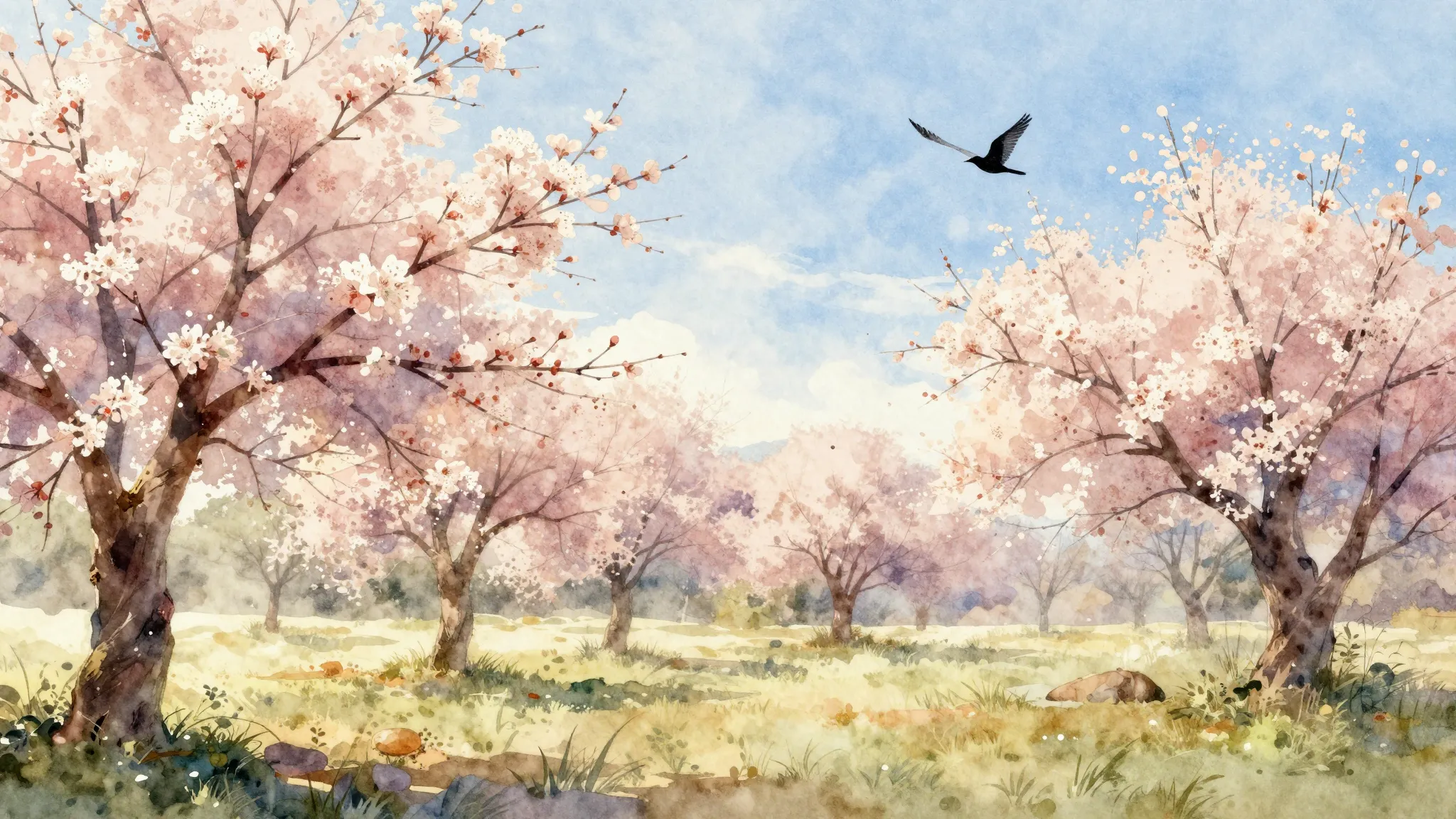 Watercolor style. A bright sunny landscape with blooming tre...