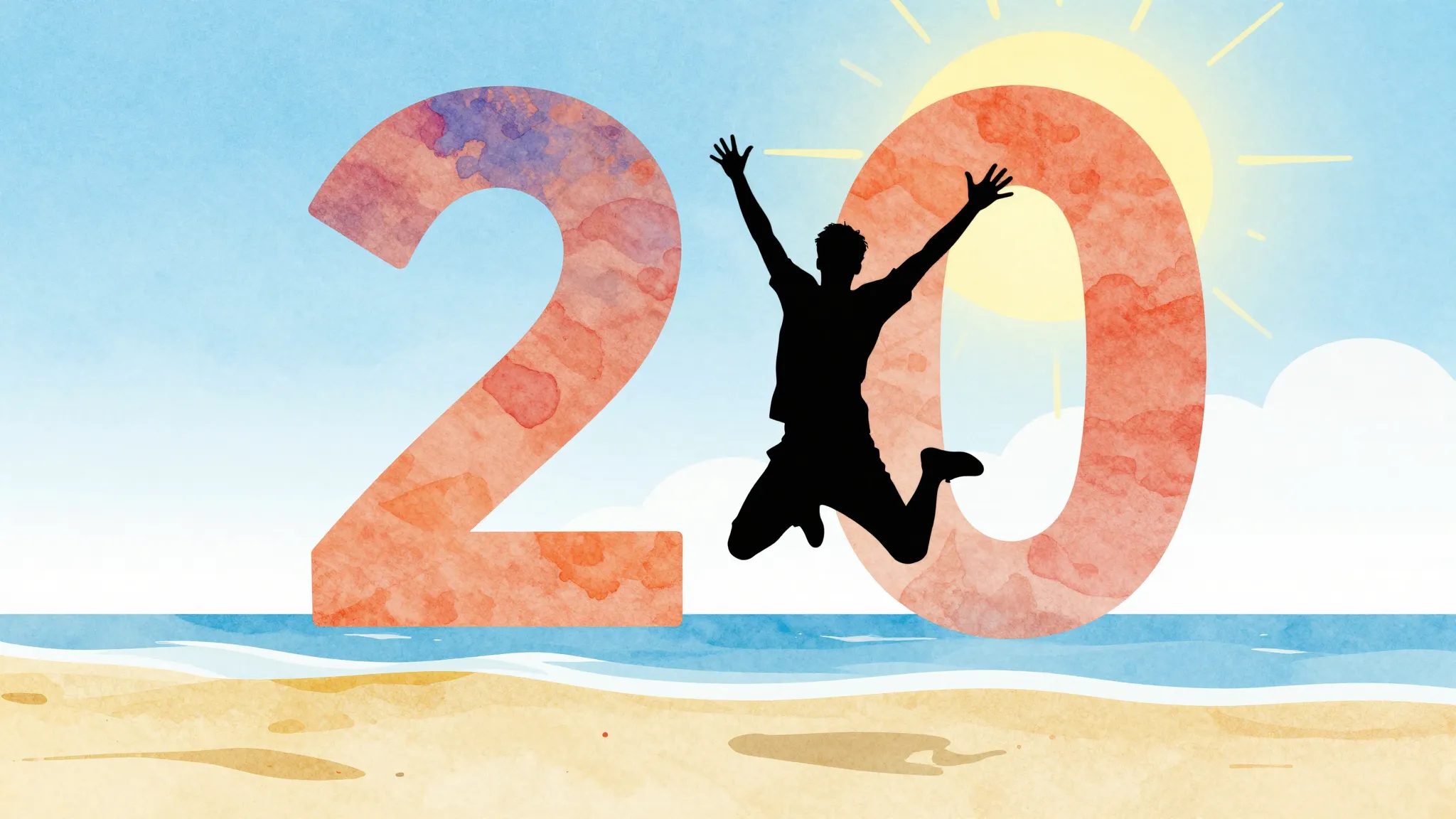 Watercolor style. Silhouette of a happy person jumping on a ...