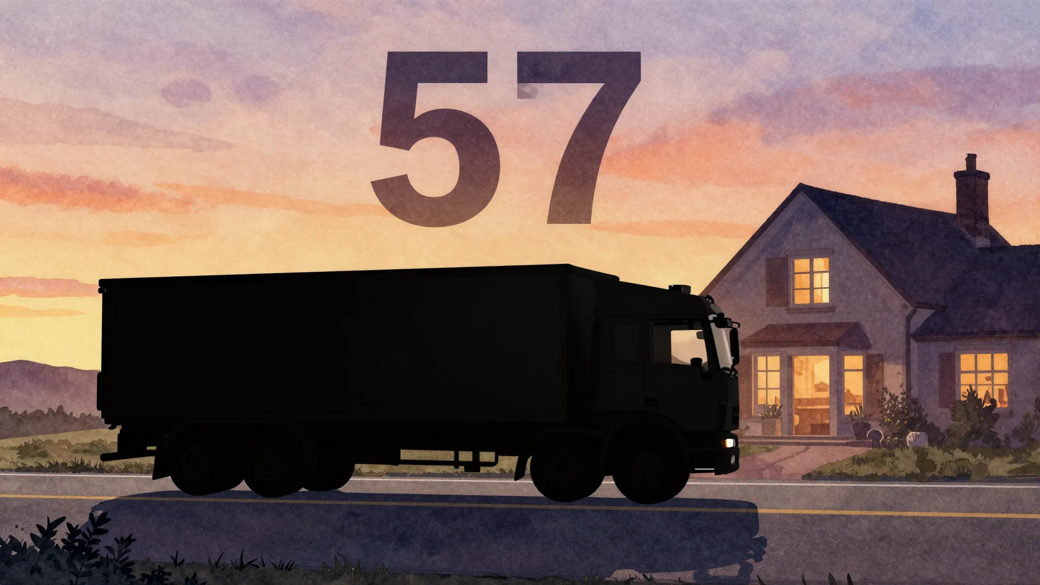 Watercolor style. Silhouette of a big truck driving on a roa...