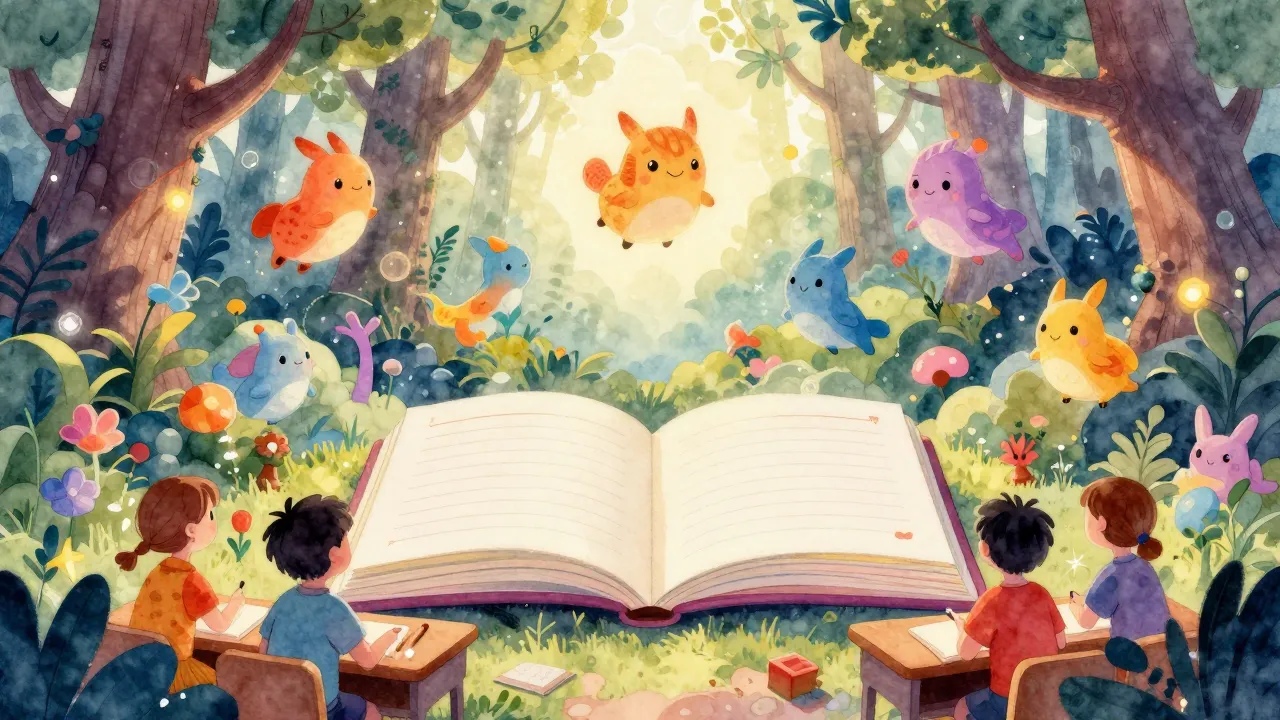 Vibrant watercolor style. A whimsical classroom scene where ...