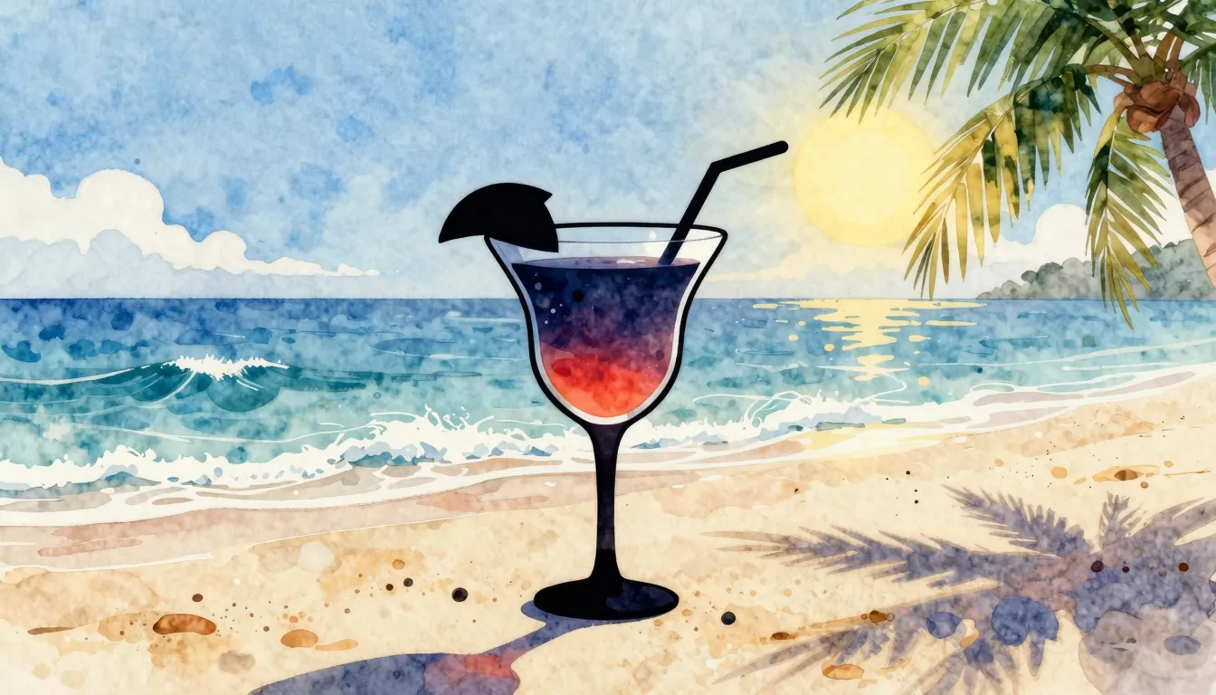 Watercolor style. Silhouette of a cocktail glass on a sandy ...