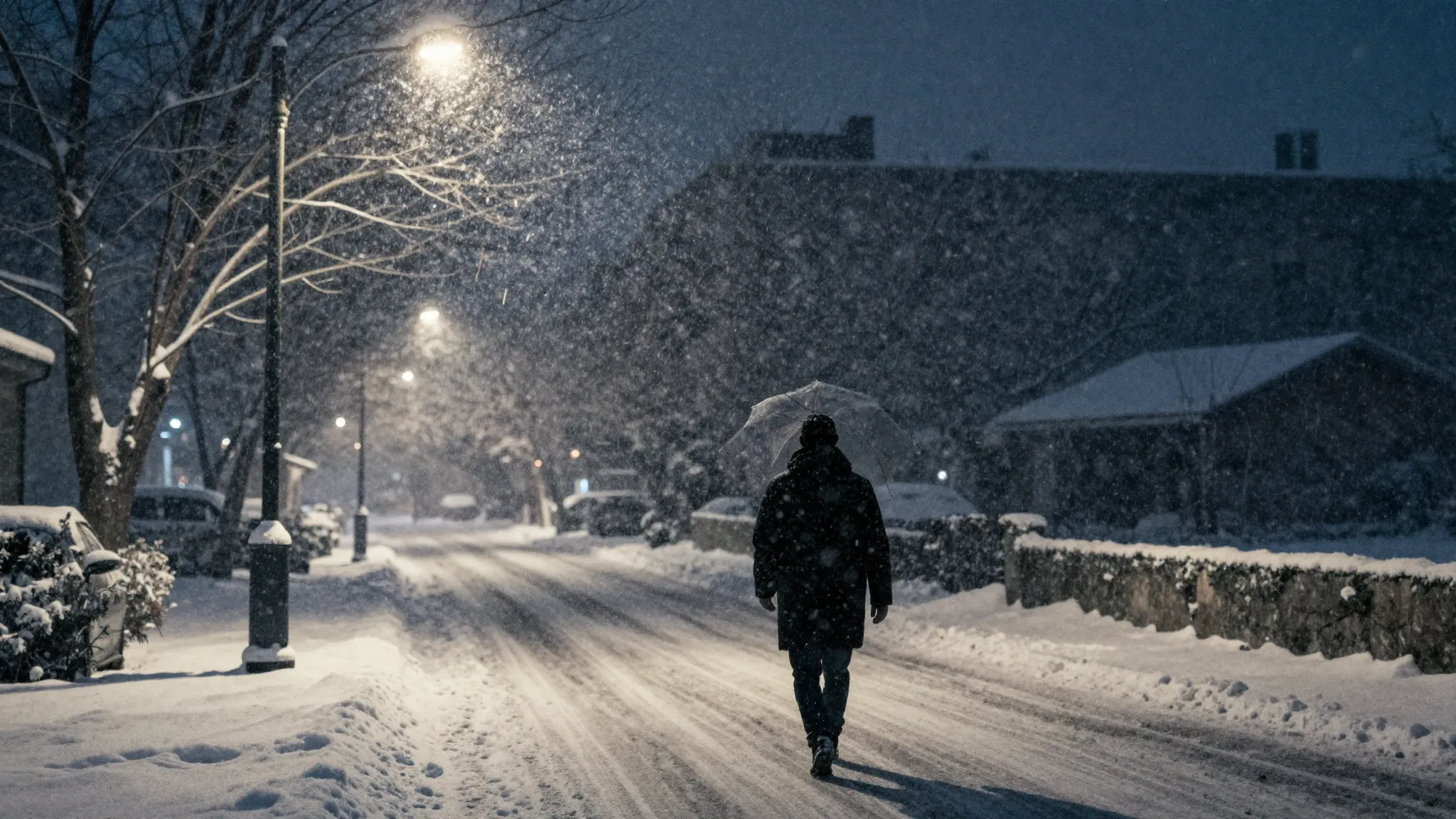 Watercolor style. Dark winter night city, heavy snow, blizza...