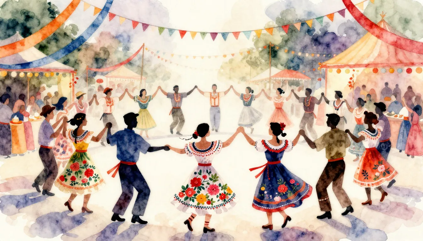 Watercolor style. A vibrant festival scene with silhouettes ...