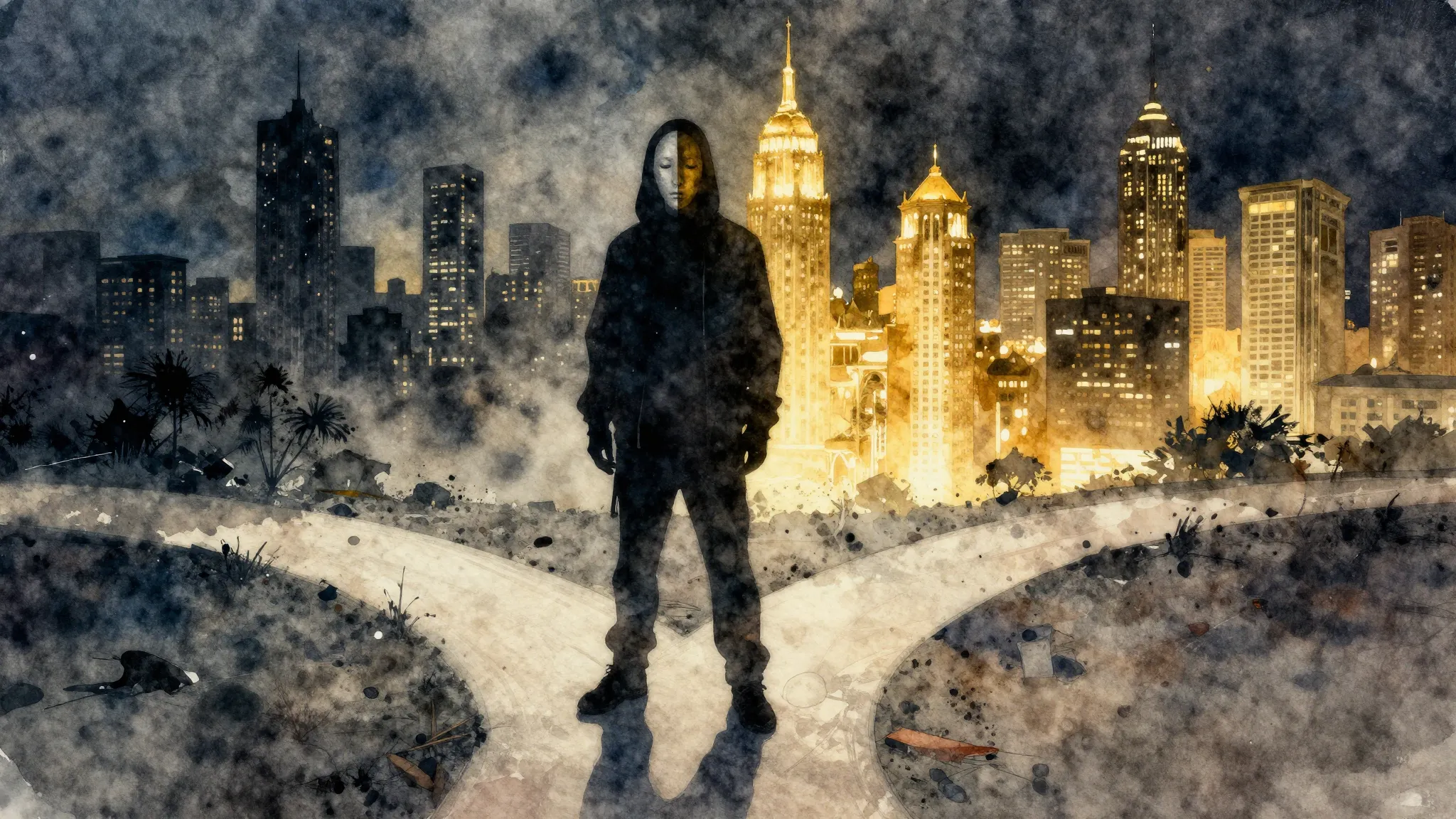 Vibrant watercolor style. A dark, gritty rap album cover fea...
