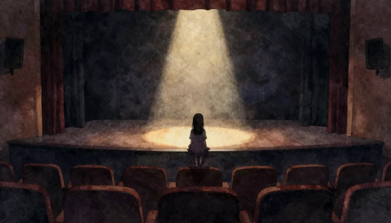 Watercolor style. A cozy theater stage with a single spotlig...