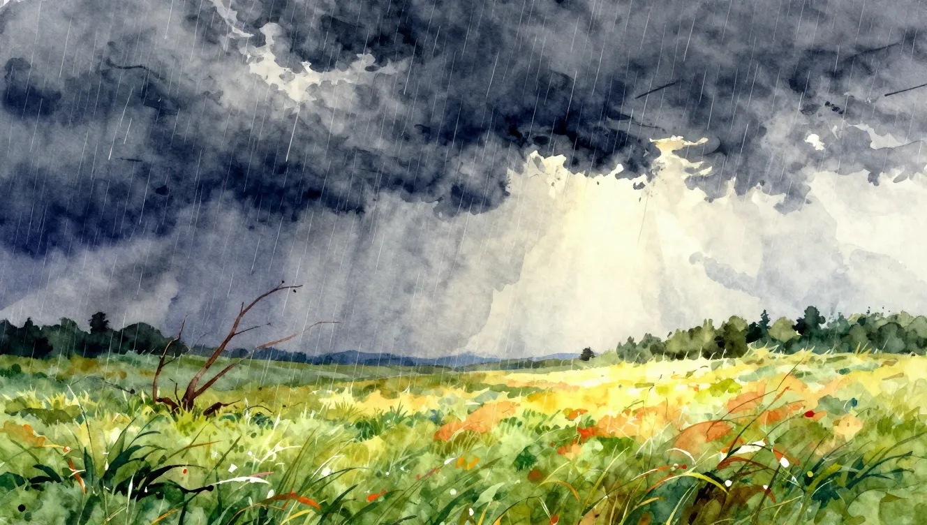 Vibrant watercolor style. A cinematic landscape split in two...