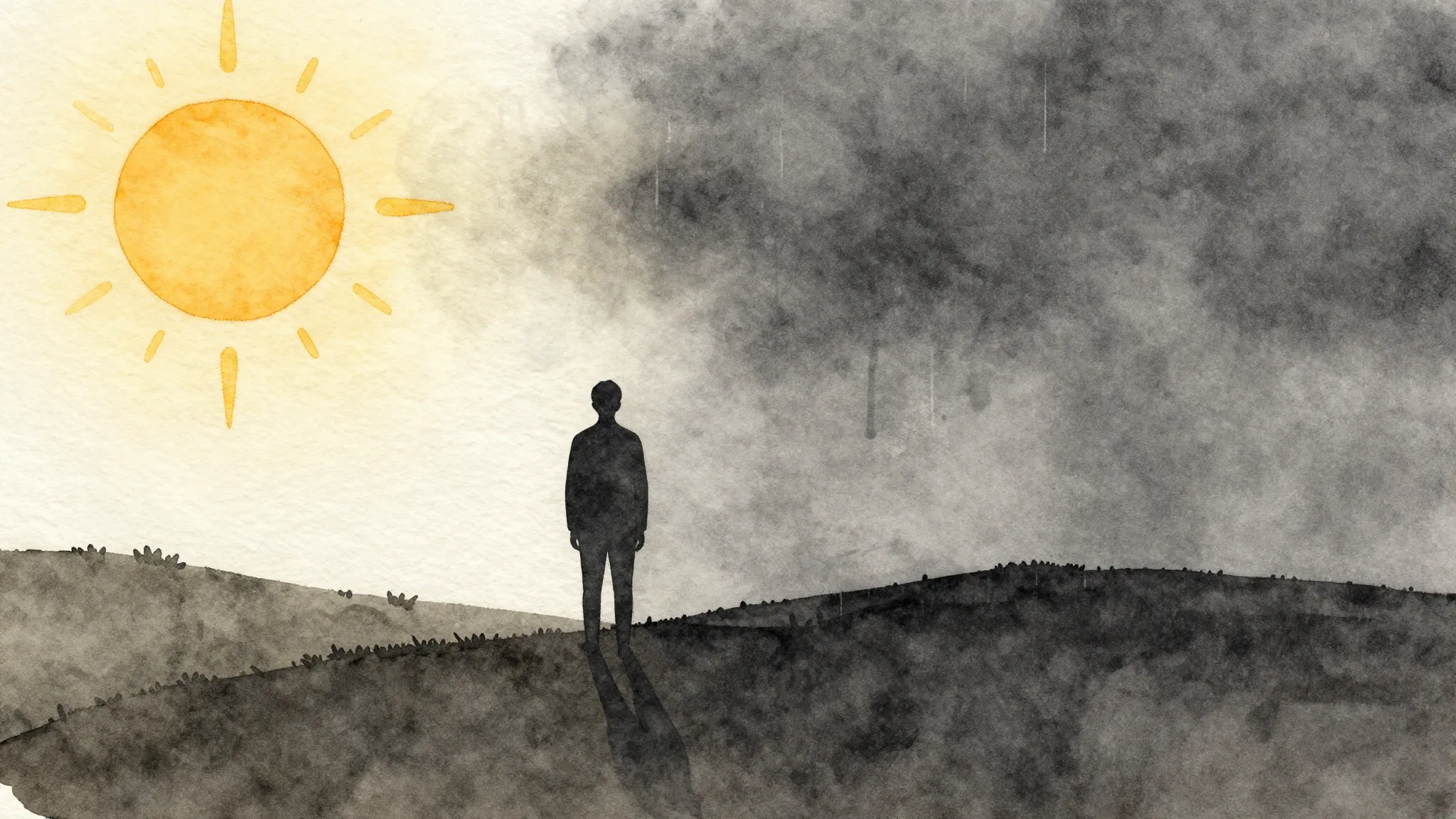 Watercolor style. Silhouette of a person standing between tw...